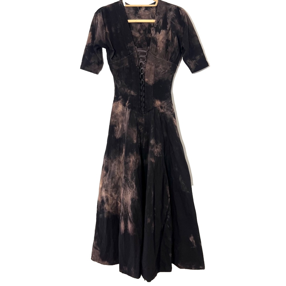 Luna Luz Midi Dress Women M Acid Wash Lace Up Corset Fit Flare Grunge Whimsigoth